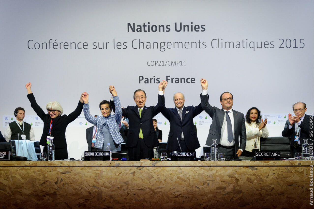 Adoption of the Paris Agreement at the plenary session of COP21.